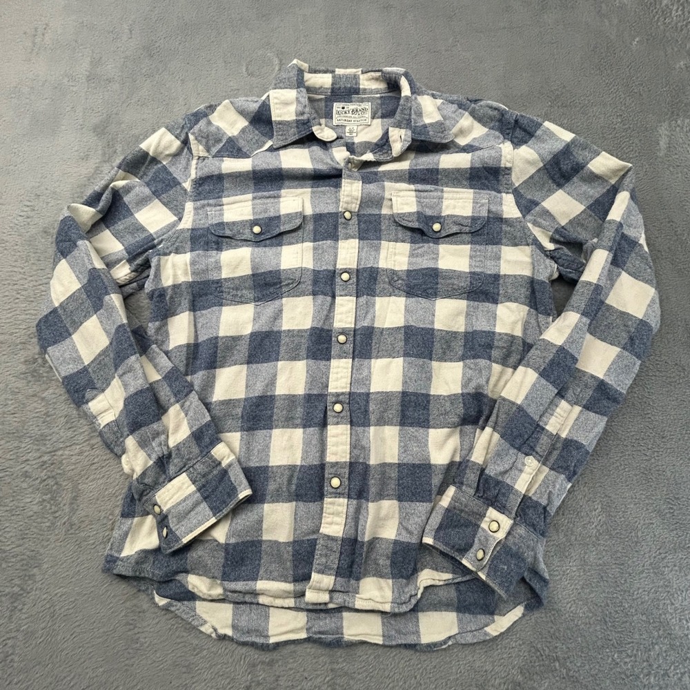 Lucky Brand Saturday Stretch Blue Buffalo Plaid Pearl Snap Flannel Shirt Mens S